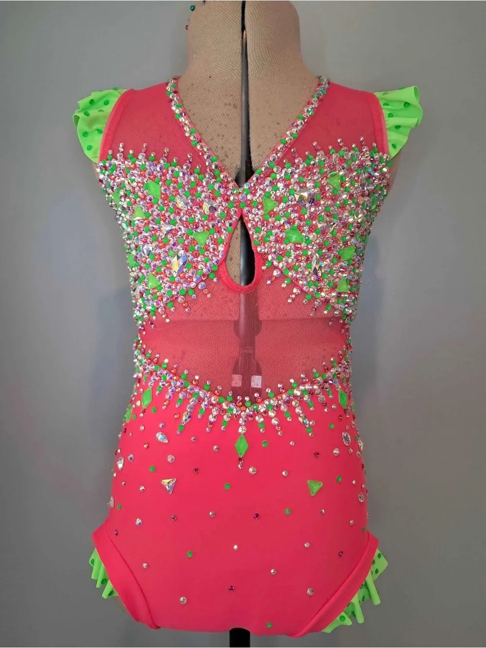 Brand New Jazz Custom Coral & Neon Green Sequin Dance Costume